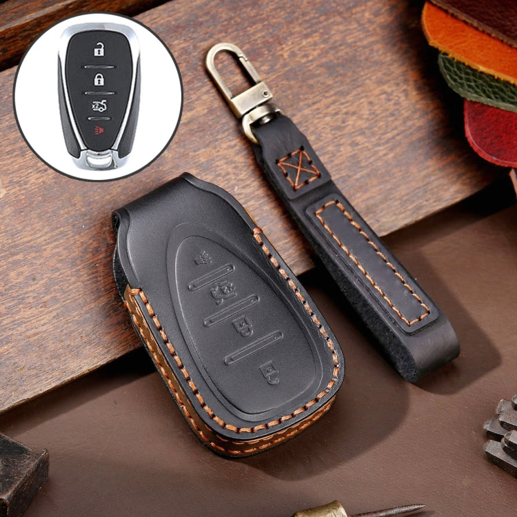 For Chevrolet 4-button Hallmo Car Cowhide Leather Key Protective Cover Key Case(Black) - Car Key Cases by Hallmo | Online Shopping South Africa | PMC Jewellery | Buy Now Pay Later Mobicred