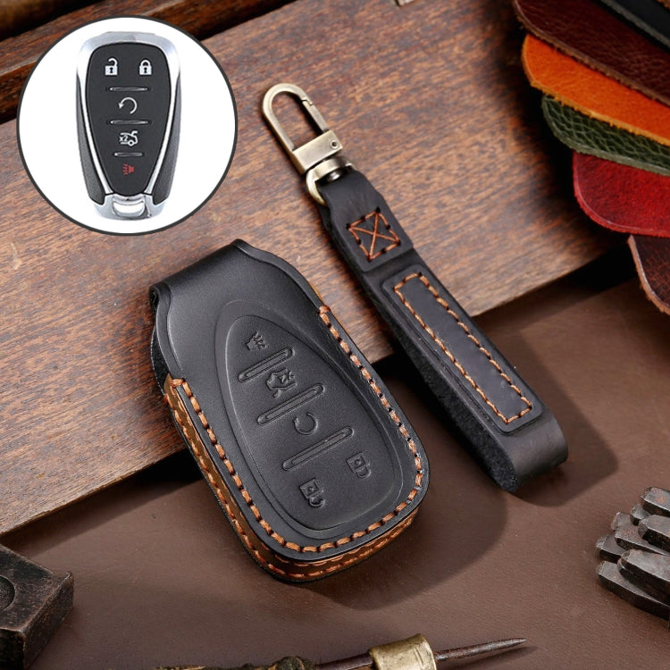 For Chevrolet 5-button Hallmo Car Cowhide Leather Key Protective Cover Key Case(Black) - Car Key Cases by Hallmo | Online Shopping South Africa | PMC Jewellery | Buy Now Pay Later Mobicred