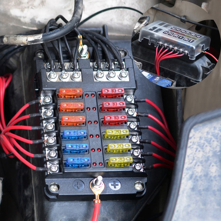 Independent Positive and Negative 1 in 12 Out 12 Way Circuit Blade Fuse Box Fuse Holder Kits with LED Warning Indicator for Auto Car Truck Boat - Fuse by PMC Jewellery | Online Shopping South Africa | PMC Jewellery