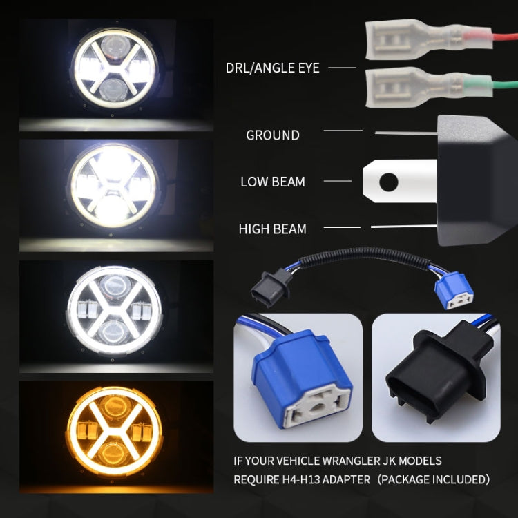 7 inch H4 DC 9V-30V 6000LM 6000K/3000K 55W IP67 4LED Lamp Beads Car Round Shape X LED Headlight Lamps for Jeep Wrangler, with Angel Eye - Work Lights by PMC Jewellery | Online Shopping South Africa | PMC Jewellery | Buy Now Pay Later Mobicred