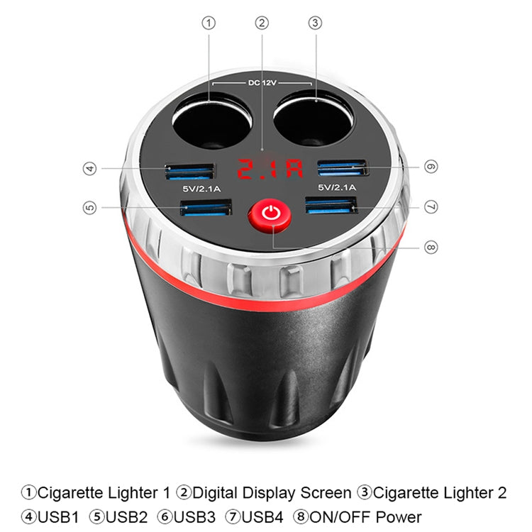 Cup Holder Car Charger Dual Cigarette Lighter 4USB Ports Charger Car MP3 Player (Blue) - Car Charger by PMC Jewellery | Online Shopping South Africa | PMC Jewellery | Buy Now Pay Later Mobicred