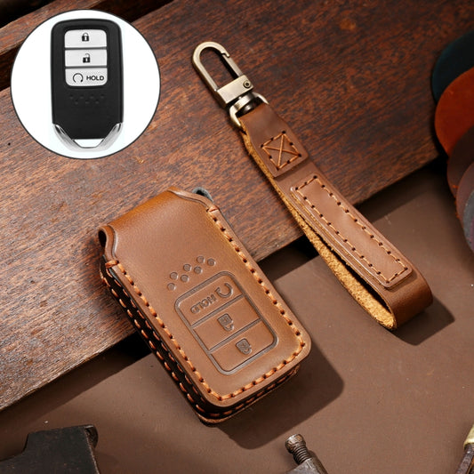 Hallmo Car Cowhide Leather Key Protective Cover Key Case for Honda 3-button Start(Brown) - Car Key Cases by Hallmo | Online Shopping South Africa | PMC Jewellery