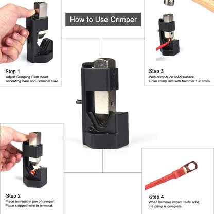 Car Battery Cable Hammer Crimper Hammer Lug Crimper Tool Pliers with T2 Copper 4 x 3/8 Heavy-duty Cold-pressed Wire Terminals - Booster Cable & Clip by PMC Jewellery | Online Shopping South Africa | PMC Jewellery | Buy Now Pay Later Mobicred