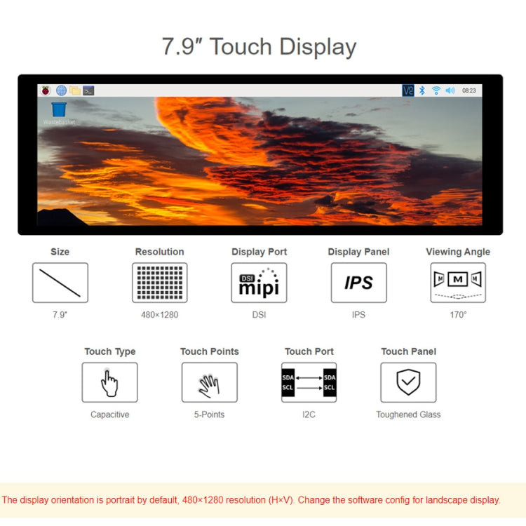 WAVESHARE 7.9 inch Capacitive Touch Display For Raspberry Pi, 400 x 1280, IPS, DSI Interface - LCD & LED Display Module by WAVESHARE | Online Shopping South Africa | PMC Jewellery | Buy Now Pay Later Mobicred