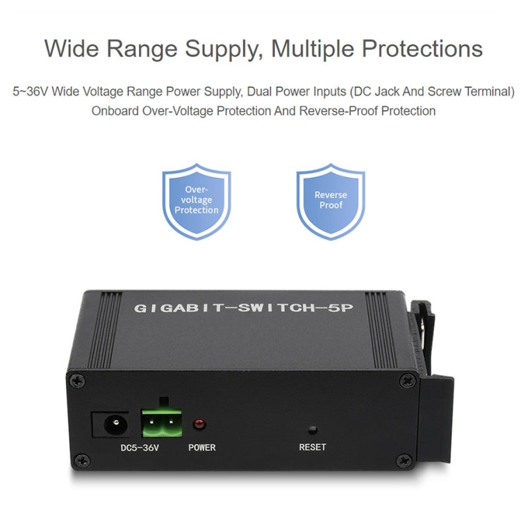 Waveshare Industrial 5P Gigabit Ethernet Switch, Full-Duplex 10/100/1000M, DIN Rail Mount - free shipping - PMC Jewellery - Order now!