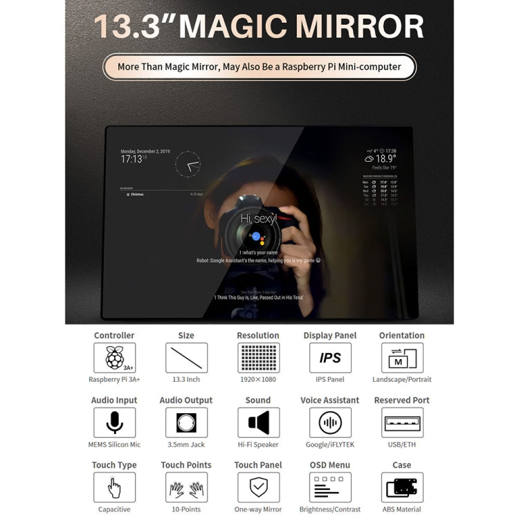 Waveshare 13.3 inch Magic Mirror, Voice Assistant, Touch Control(US Plug) - Modules Expansions Accessories by WAVESHARE | Online Shopping South Africa | PMC Jewellery | Buy Now Pay Later Mobicred