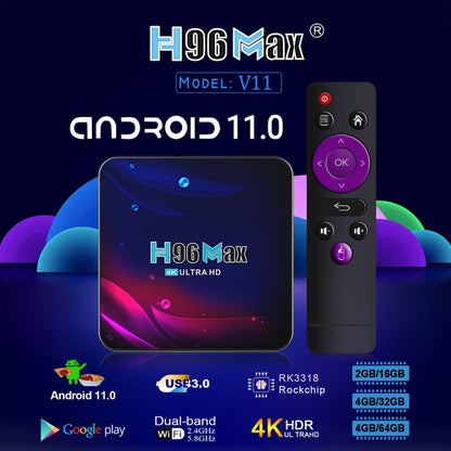 H96 Max V11 4K Smart TV BOX Android 11.0 Media Player with Remote Control, RK3318 Quad-Core 64bit Cortex-A53, RAM: 4GB, ROM: 64GB, Support Dual Band WiFi, Bluetooth, Ethernet, US Plug - RK3318 by PMC Jewellery | Online Shopping South Africa | PMC Jewellery | Buy Now Pay Later Mobicred