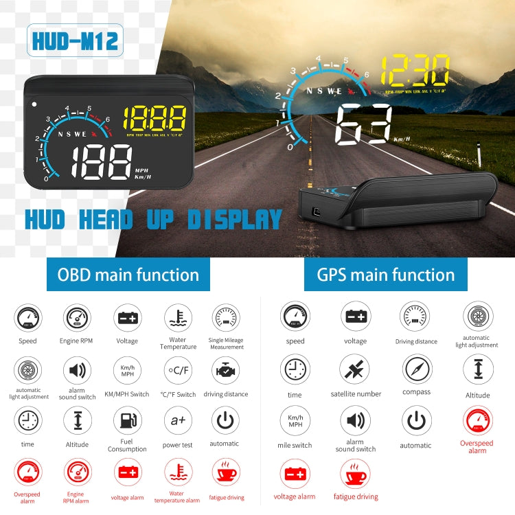 M12 OBD2 + GPS Mode Car Head-up Display HUD Overspeed / Speed / Water Temperature / Low Voltage / Fault Alarm - Head Up Display System by PMC Jewellery | Online Shopping South Africa | PMC Jewellery | Buy Now Pay Later Mobicred