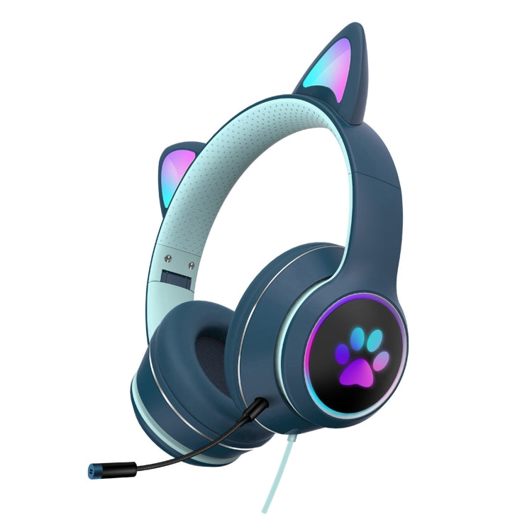 AKZ-022 USB + 3.5mm Port Cat Ear Design Foldable LED Headset with Mic(Dark Blue) - Multimedia Headset by PMC Jewellery | Online Shopping South Africa | PMC Jewellery | Buy Now Pay Later Mobicred