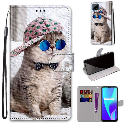 For OPPO Realme C15 / C12 / C25 / 7i (Global) / Narzo 20 / 30A Coloured Drawing Cross Texture Horizontal Flip PU Leather Case with Holder & Card Slots & Wallet & Lanyard(Slant Hat Blue Mirror Cat) - Realme Cases by PMC Jewellery | Online Shopping South Africa | PMC Jewellery | Buy Now Pay Later Mobicred