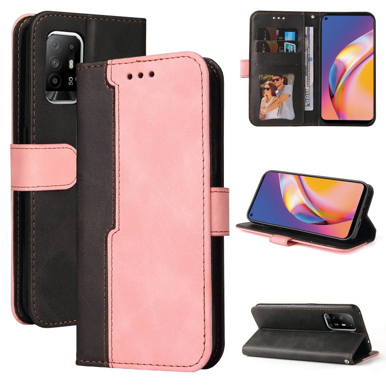 For OPPO A94 5G/F19 Pro+ 5G/Reno5 Z/A95 5G Business Stitching-Color Horizontal Flip PU Leather Case with Holder & Card Slots & Photo Frame & Lanyard(Pink) - OPPO Cases by PMC Jewellery | Online Shopping South Africa | PMC Jewellery | Buy Now Pay Later Mobicred