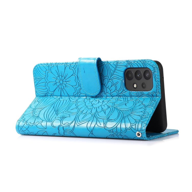 For Samsung Galaxy A32 4G Skin Feel Embossed Sunflower Horizontal Flip Leather Case with Holder & Card Slots & Wallet & Lanyard(Blue) - Galaxy Phone Cases by PMC Jewellery | Online Shopping South Africa | PMC Jewellery