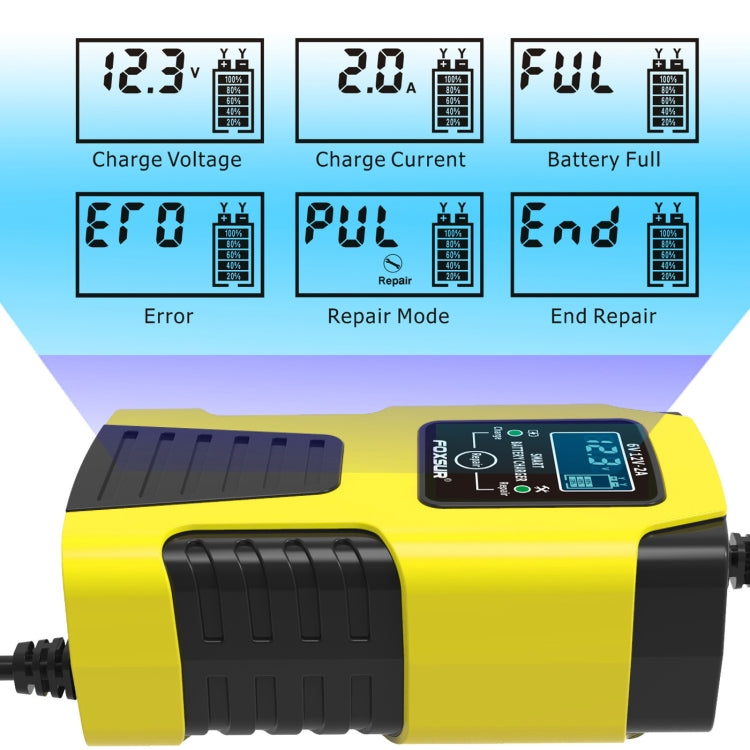 FOXSUR 2A / 6V / 12V Car / Motorcycle 3-stage Full Smart Battery Charger, Plug Type:US Plug(Yellow) - Battery Charger by FOXSUR | Online Shopping South Africa | PMC Jewellery | Buy Now Pay Later Mobicred