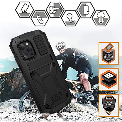 For iPhone 13 mini R-JUST Shockproof Waterproof Dust-proof Metal + Silicone Protective Case with Holder (Black) - iPhone 13 mini Cases by R-JUST | Online Shopping South Africa | PMC Jewellery