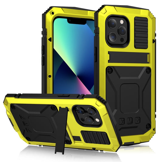 For iPhone 13 mini R-JUST Shockproof Waterproof Dust-proof Metal + Silicone Protective Case with Holder (Yellow) - iPhone 13 mini Cases by R-JUST | Online Shopping South Africa | PMC Jewellery | Buy Now Pay Later Mobicred