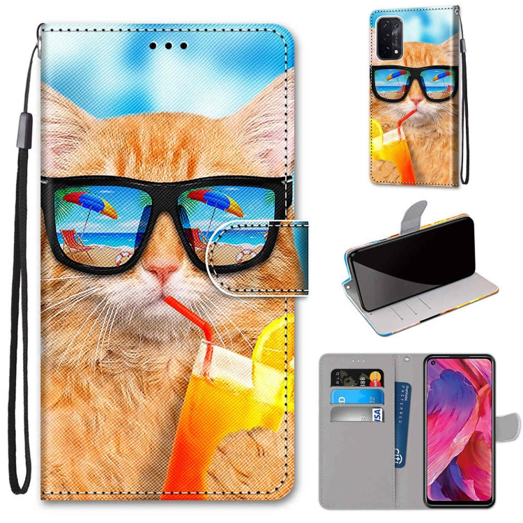 For OPPO A54 5G / A74 5G / A93 5G / A93s 5G Coloured Drawing Cross Texture Horizontal Flip PU Leather Case with Holder & Card Slots & Wallet & Lanyard(Cat Drinking Soda) - OPPO Cases by PMC Jewellery | Online Shopping South Africa | PMC Jewellery | Buy Now Pay Later Mobicred