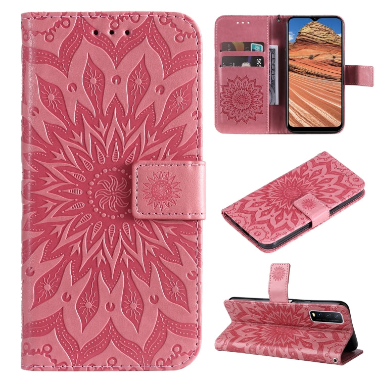 For vivo Y11s/Y12A/Y12s/Y20/Y20A/Y20s/Y20i/Y20G/Y20SG Pressed Printing Sunflower Pattern Horizontal Flip PU Leather Case with Holder & Card Slots & Wallet & Lanyard(Pink) - vivo Cases by PMC Jewellery | Online Shopping South Africa | PMC Jewellery