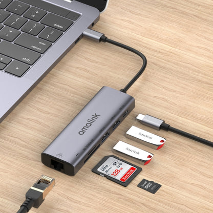 amalink 95122D Type-C / USB-C to RJ45 + 2 Ports USB + PD 3.0 Multi-function HUB(Grey) - USB HUB by amalink | Online Shopping South Africa | PMC Jewellery | Buy Now Pay Later Mobicred