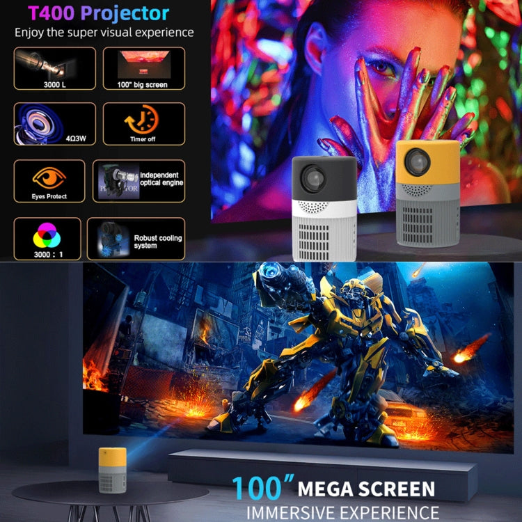 T400 100 inch Screen 3000 Lumens LED Mini Projector, Plug Type:US Plug(Black White) - Mini Projector by PMC TechLife | Online Shopping South Africa | PMC TechLife | Buy Now Pay Later Mobicred
