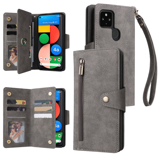 For Google Pixel 4A 5G Rivet Buckle 9 Cards Three Fold Leather Phone Case(Grey) - Google Cases by PMC Jewellery | Online Shopping South Africa | PMC Jewellery | Buy Now Pay Later Mobicred