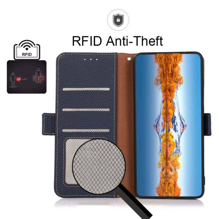 For Sharp Aquos R7 KHAZNEH Side-Magnetic Litchi Genuine Leather RFID Phone Case(Blue) - More Brand by PMC TechLife | Online Shopping South Africa | PMC TechLife | Buy Now Pay Later Mobicred