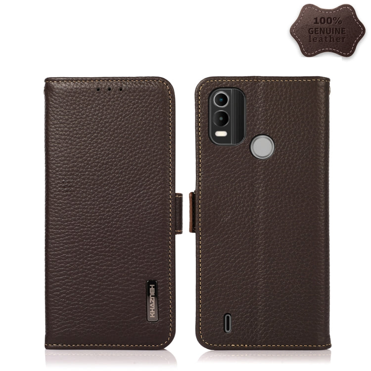 For Nokia C21 Plus KHAZNEH Side-Magnetic Litchi Genuine Leather RFID Phone Case(Brown) - Nokia Cases by PMC TechLife | Online Shopping South Africa | PMC TechLife | Buy Now Pay Later Mobicred
