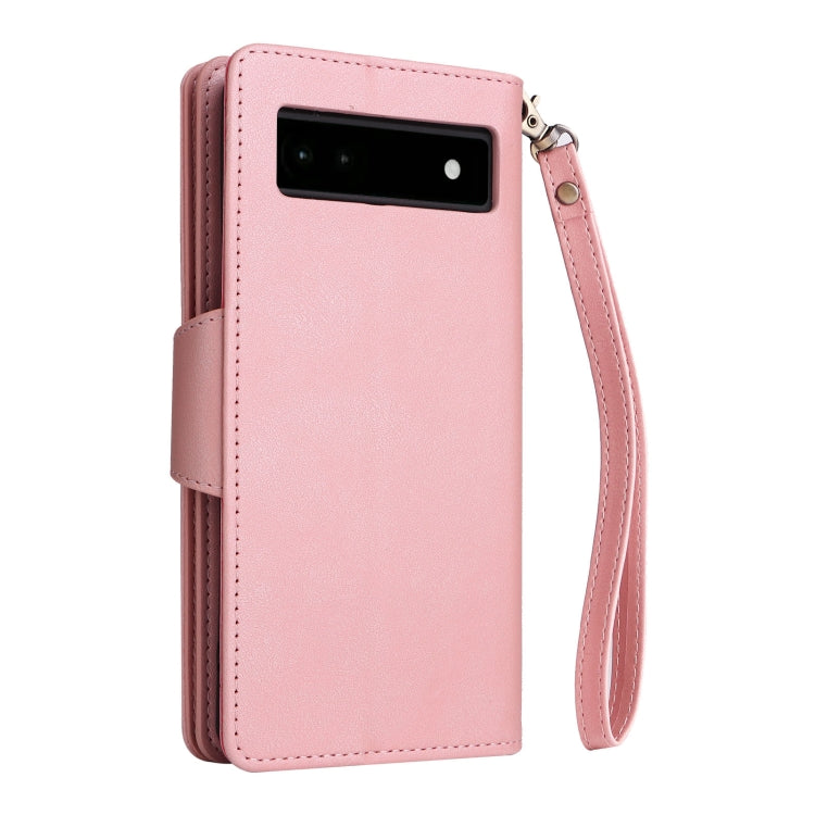 For Google Pixel 6a Rivet Buckle 9 Cards Three Fold Leather Phone Case(Rose Gold) - Google Cases by PMC Jewellery | Online Shopping South Africa | PMC Jewellery | Buy Now Pay Later Mobicred