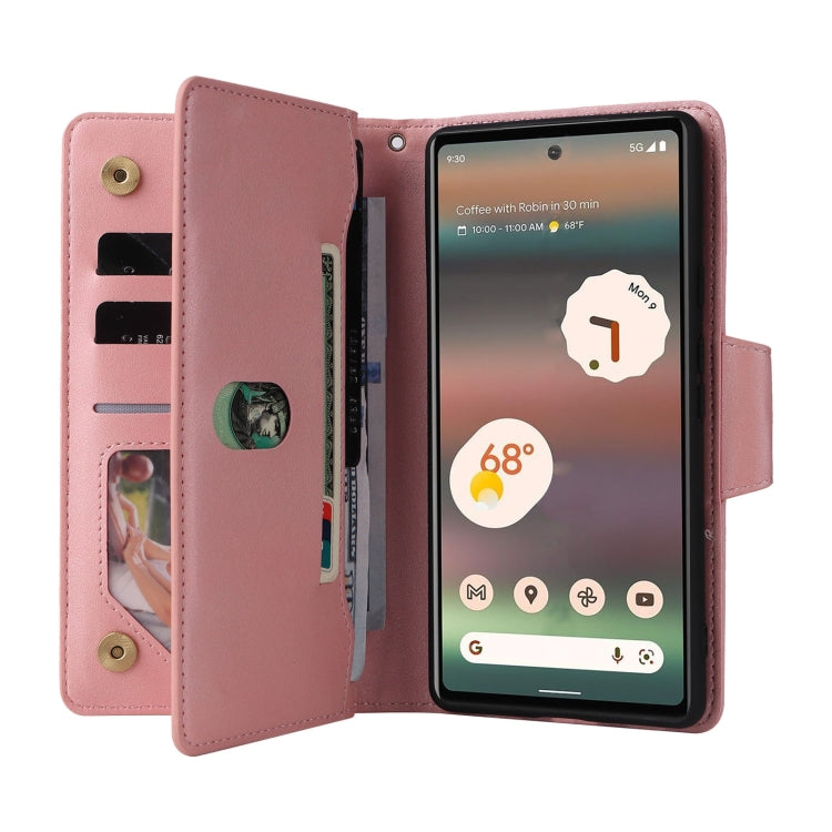 For Google Pixel 6a Rivet Buckle 9 Cards Three Fold Leather Phone Case(Rose Gold) - Google Cases by PMC Jewellery | Online Shopping South Africa | PMC Jewellery | Buy Now Pay Later Mobicred