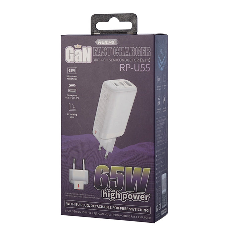 REMAX RP-U55 Territory Series 65W USB+Dual USB-C / Type-C Interface Fast Charger, Specification:EU Plug(White) - USB Charger by REMAX | Online Shopping South Africa | PMC Jewellery | Buy Now Pay Later Mobicred