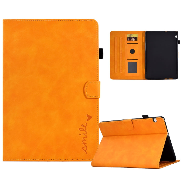For Huawei MediaPad T5 Embossed Smile Flip Tablet Leather Case(Khaki) - Huawei by PMC TechLife | Online Shopping South Africa | PMC TechLife | Buy Now Pay Later Mobicred