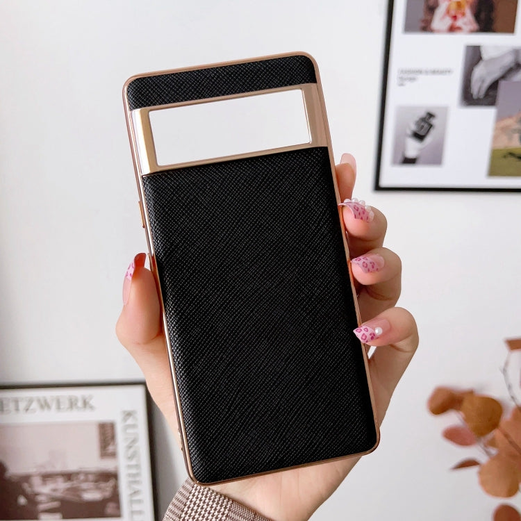 For Google Pixel 6a Nano Electroplating Cross Texture Genuine Leather Phone Case(Black) - Google Cases by PMC TechLife | Online Shopping South Africa | PMC TechLife | Buy Now Pay Later Mobicred