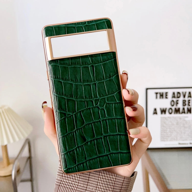For Google Pixel 6a Crocodile Texture Genuine Leather Electroplating Phone Case(Dark Green) - Google Cases by PMC TechLife | Online Shopping South Africa | PMC TechLife | Buy Now Pay Later Mobicred