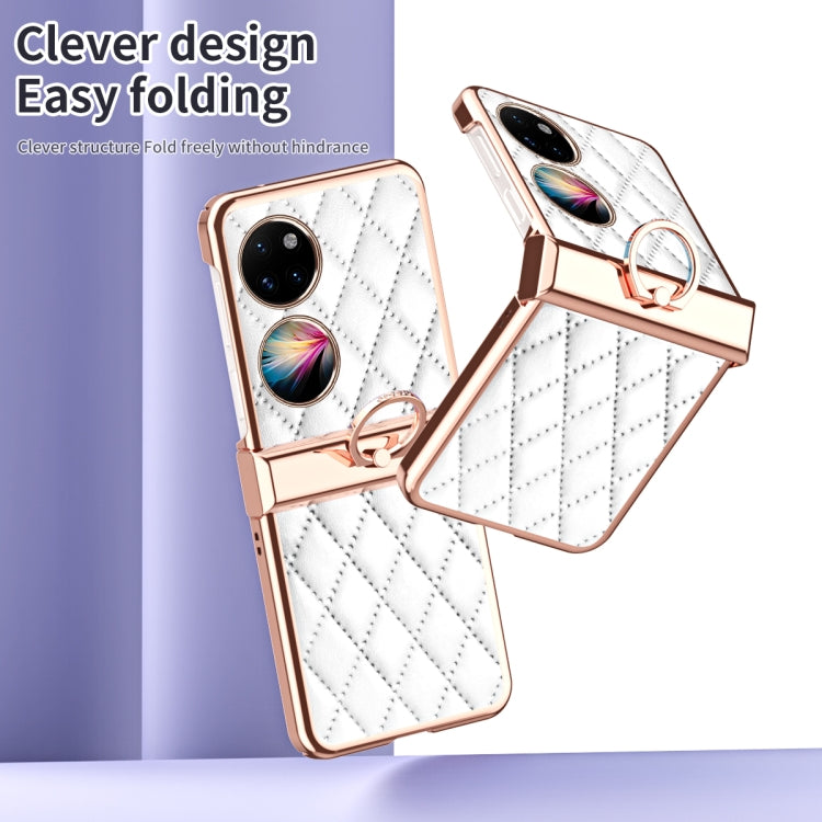 For Huawei P50 Pocket Grid Leather Pattern Electroplating Frame Folding Phone Case(White) - Huawei Cases by PMC TechLife | Online Shopping South Africa | PMC TechLife | Buy Now Pay Later Mobicred