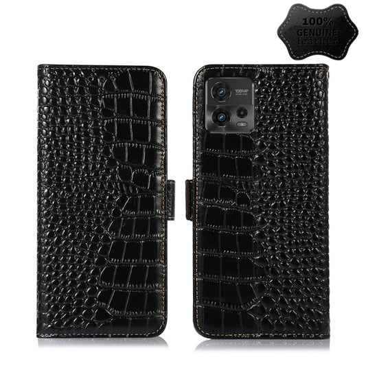 For Motorola Moto G72 Magnetic Crocodile Texture Genuine Leather RFID Phone Case(Black) - Motorola Cases by PMC Jewellery | Online Shopping South Africa | PMC Jewellery | Buy Now Pay Later Mobicred