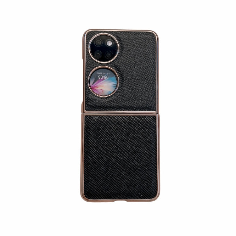 For Huawei P50 Pocket Nano Electroplating Cross Texture Genuine Leather Phone Case(Black) - Huawei Cases by PMC TechLife | Online Shopping South Africa | PMC TechLife | Buy Now Pay Later Mobicred