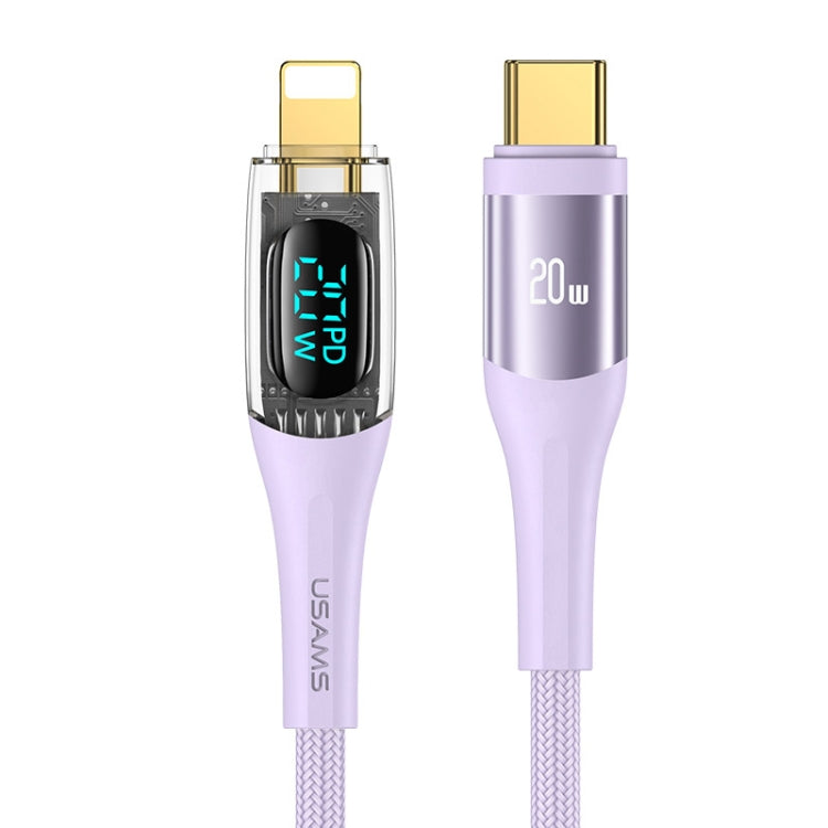 USAMS Type-C to 8 Pin PD20W Aluminum Alloy Transparent Digital Display Fast Charge Data Cable, Cable Length:2m(Purple) - 2 in 1 Cable by USAMS | Online Shopping South Africa | PMC Jewellery | Buy Now Pay Later Mobicred