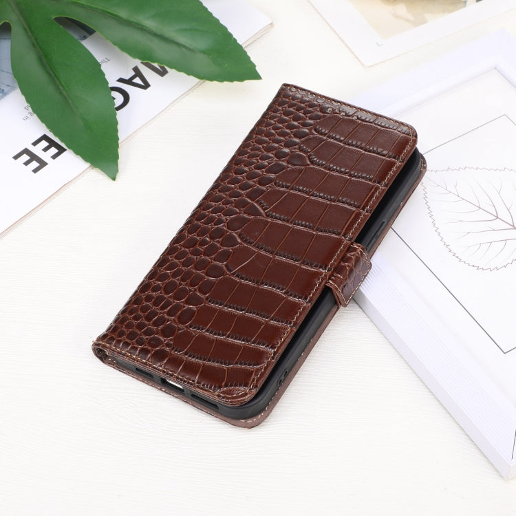For Motorola Moto E13 4G 2023 Crocodile Top Layer Cowhide RFID Leather Phone Case(Brown) - Motorola Cases by PMC TechLife | Online Shopping South Africa | PMC TechLife | Buy Now Pay Later Mobicred