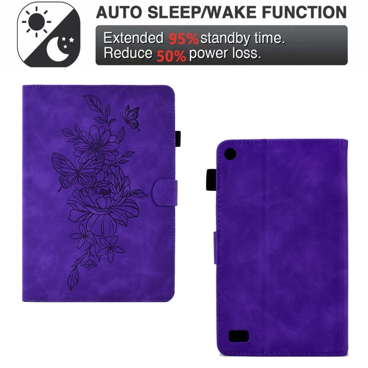 For Amazon Kindle Fire 7 2019/2017/2015 Peony Butterfly Embossed Leather Smart Tablet Case(Purple) - Amazon by PMC TechLife | Online Shopping South Africa | PMC TechLife | Buy Now Pay Later Mobicred
