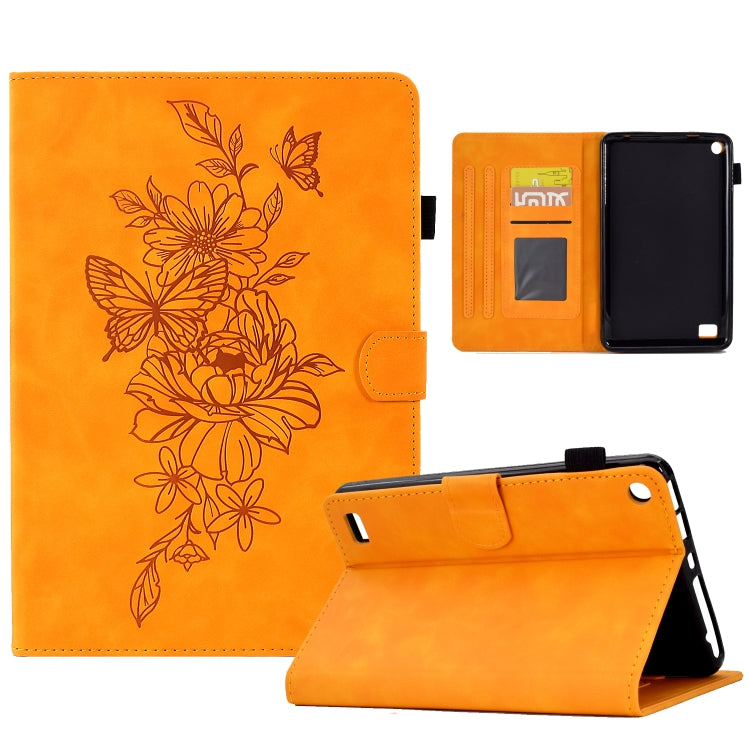 For Amazon Kindle Fire 7 2019/2017/2015 Peony Butterfly Embossed Leather Smart Tablet Case(Khaki) - Amazon by PMC TechLife | Online Shopping South Africa | PMC TechLife | Buy Now Pay Later Mobicred