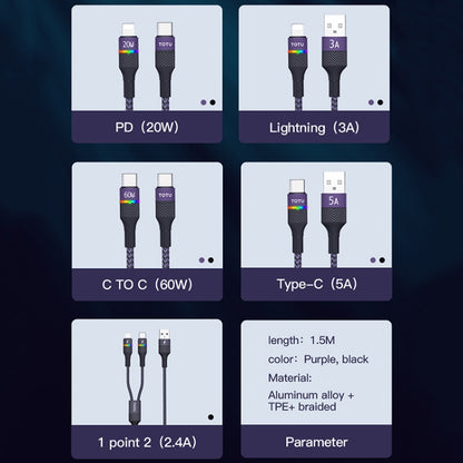 TOTU BL-016 Journey Series USB to 8 Pin Colorful Breathing Light Data Cable, Length:1.5m(Purple) - Normal Style Cable by TOTUDESIGN | Online Shopping South Africa | PMC Jewellery | Buy Now Pay Later Mobicred