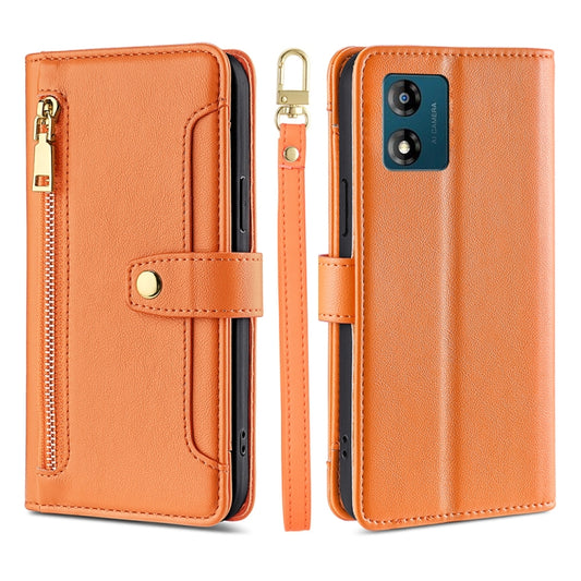 For Motorola Moto E13 4G Sheep Texture Cross-body Zipper Wallet Leather Phone Case(Orange) - Motorola Cases by PMC Jewellery | Online Shopping South Africa | PMC Jewellery | Buy Now Pay Later Mobicred