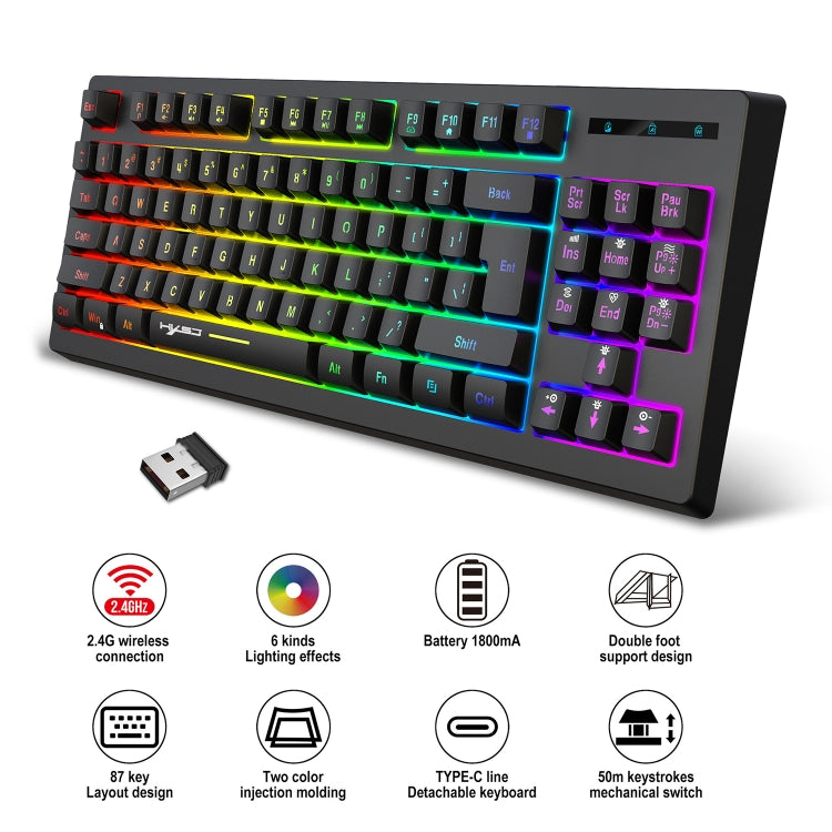 HXSJ L100 87 Keys RGB Backlit Film 2.4G Wireless Keyboard(Black) - Wireless Keyboard by HXSJ | Online Shopping South Africa | PMC Jewellery | Buy Now Pay Later Mobicred