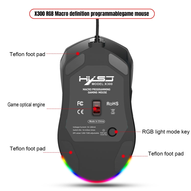 HXSJ X300 7200DPI RGB Backlight Interchangeable Back Cover Hole Gaming Wired Mouse(Black) - Wired Mice by HXSJ | Online Shopping South Africa | PMC Jewellery | Buy Now Pay Later Mobicred