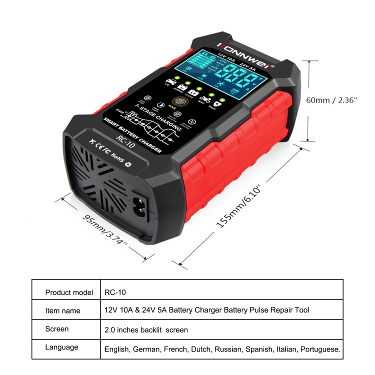 KONNWEI RC-10 2 inch Car Battery Charger Battery Pulse Repair Tool, Plug Type:US Plug - Battery Charger by KONNWEI | Online Shopping South Africa | PMC Jewellery | Buy Now Pay Later Mobicred