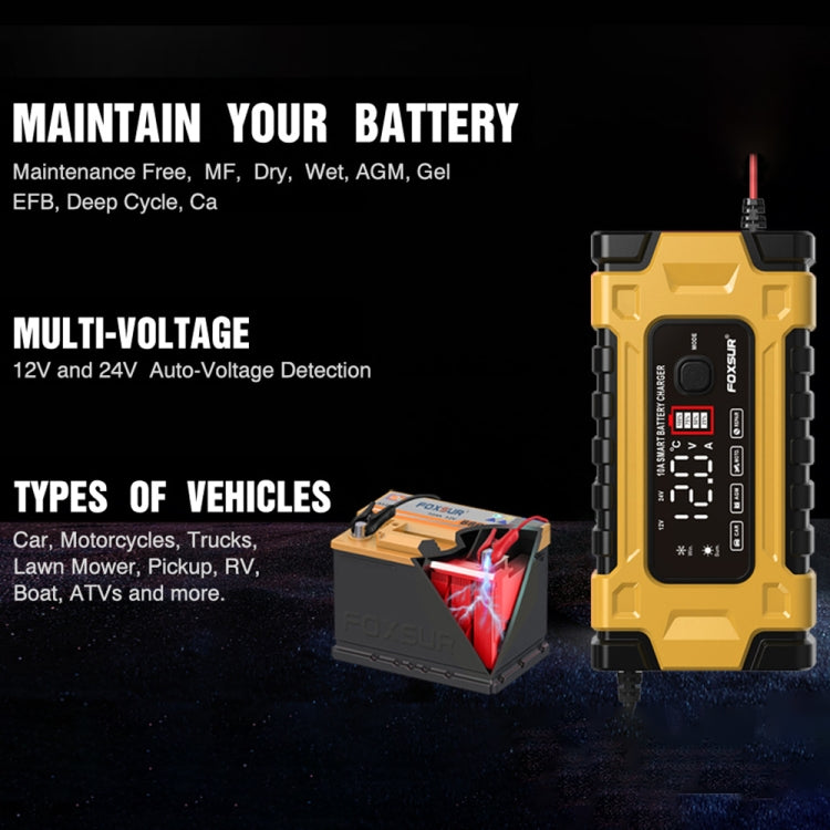 FOXSUR 12V / 24V / 10A Car / Motorcycle Battery Smart Repair Lead-acid Battery Charger(AU Plug Yellow) - Battery Charger by FOXSUR | Online Shopping South Africa | PMC Jewellery | Buy Now Pay Later Mobicred