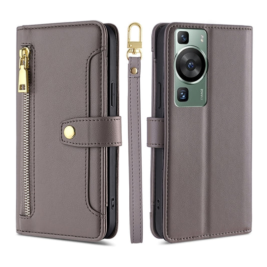 For Huawei P60 / P60 Pro Sheep Texture Cross-body Zipper Wallet Leather Phone Case(Grey) - Huawei Cases by PMC Jewellery | Online Shopping South Africa | PMC Jewellery | Buy Now Pay Later Mobicred