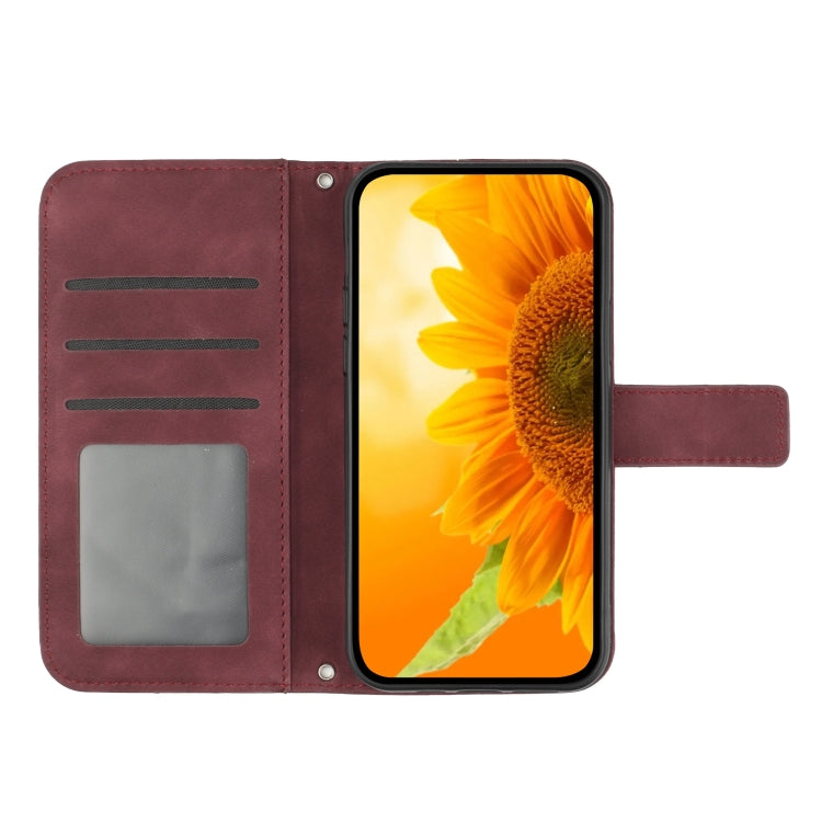 For Xiaomi Poco F5 Skin Feel Sun Flower Embossed Flip Leather Phone Case with Lanyard(Wine Red) - Xiaomi Cases by PMC Jewellery | Online Shopping South Africa | PMC Jewellery | Buy Now Pay Later Mobicred