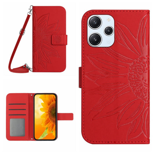 For Xiaomi Redmi 12 5G Skin Feel Sun Flower Embossed Flip Leather Phone Case with Lanyard(Red) - Xiaomi Cases by PMC Jewellery | Online Shopping South Africa | PMC Jewellery | Buy Now Pay Later Mobicred