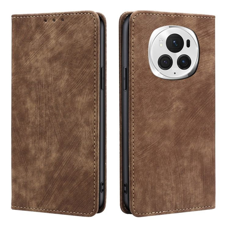 For Honor Magic6 Pro RFID Anti-theft Brush Magnetic Leather Phone Case(Brown) - Honor Cases by PMC Jewellery | Online Shopping South Africa | PMC Jewellery | Buy Now Pay Later Mobicred