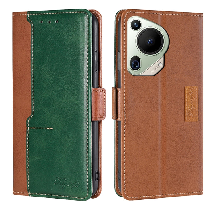 For Huawei Pura 70 Ultra 5G Contrast Color Side Buckle Leather Phone Case(Light Brown + Green) - Huawei Cases by PMC Jewellery | Online Shopping South Africa | PMC Jewellery | Buy Now Pay Later Mobicred